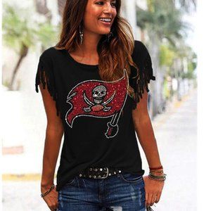 Black Fringe Short Sleeve Tee with Skull Design